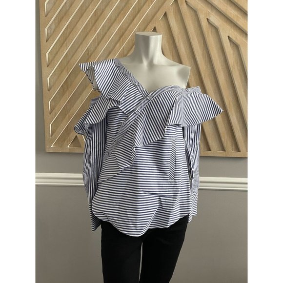 SELF-PORTRAIT Striped Off Shoulder Asymmetric Frill Shirt - Size 2 - Picture 4 of 12
